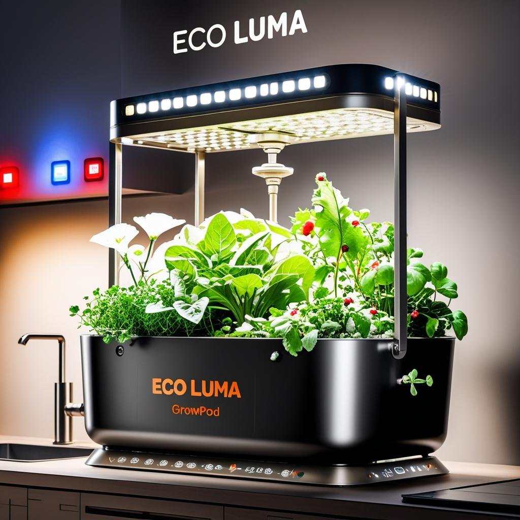 Eco Luma smart hydroponic grow system with white LED grow light bar, fresh greens and matte black reservoir