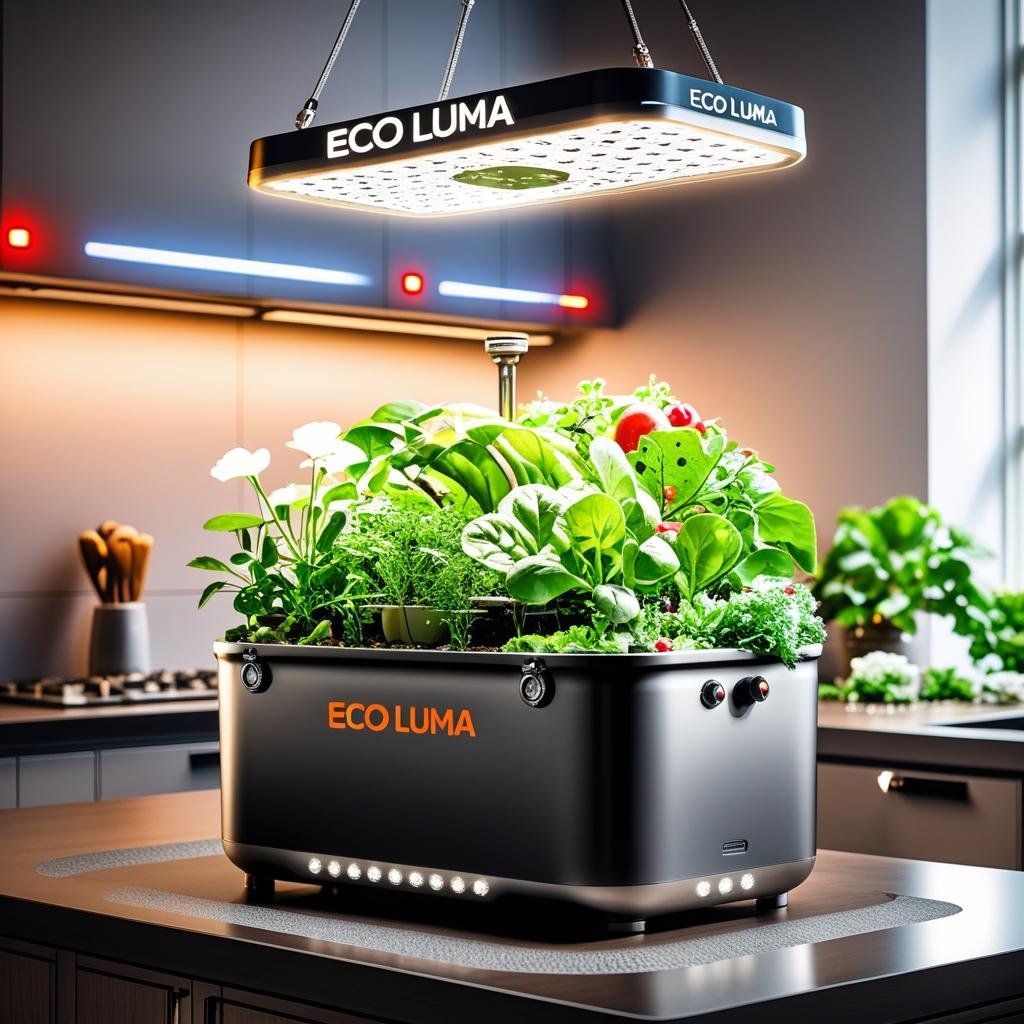 Eco Luma EL-01 with LED canopy suspended over the grow deck and reservoir