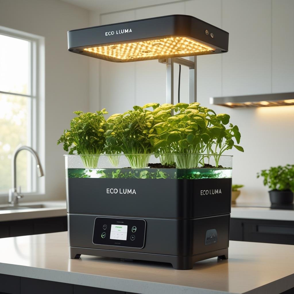 Eco Luma glowing warm gold on a bright modern kitchen countertop, basil and herbs under the LED panel